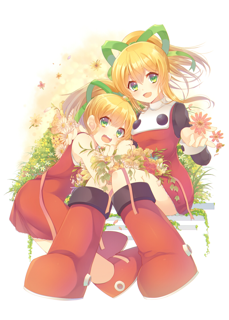 2girls arm_around_shoulder bare_arms blonde_hair blush boots breasts child dress flower full_body grass green_ribbon hair_ornament hair_ribbon happy high_ponytail knees_together_feet_apart long_hair long_sleeves looking_at_viewer looking_to_the_side medium_breasts multiple_girls multiple_persona older open_mouth ponytail red_dress red_footwear rento_(rukeai) ribbon rockman rockman_(classic) rockman_8 roll shoes sidelocks sitting smile teeth white_background