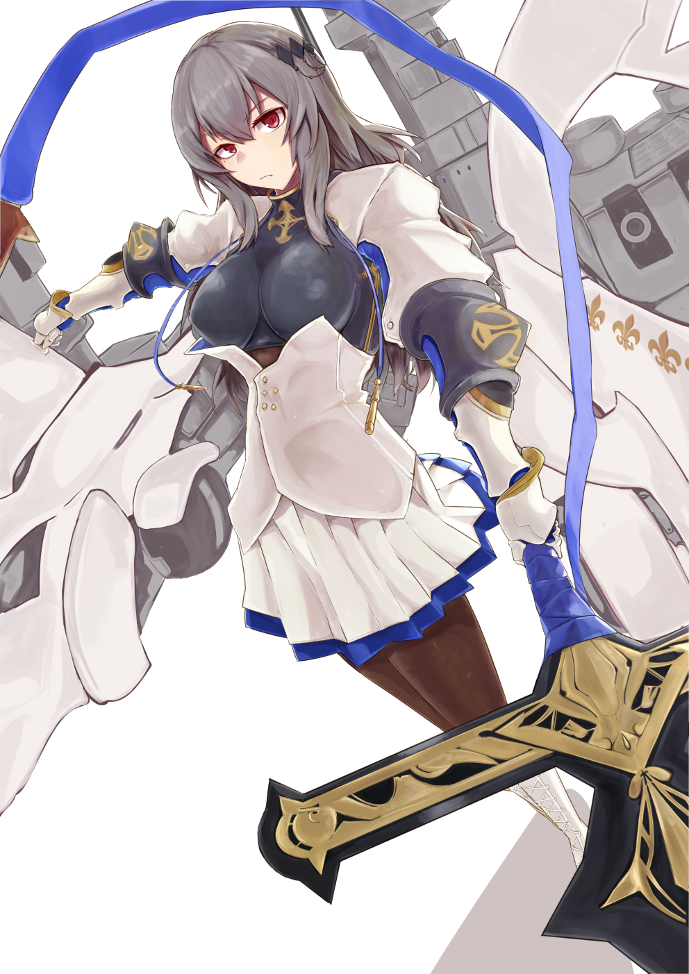 1girl azur_lane bangs boots breasts brown_legwear closed_mouth corset cross-laced_footwear diamond_(shape) elbow_pads eyebrows eyebrows_visible_through_hair fleur_de_lis frown gauntlets grey_hair hair_between_eyes hair_ornament highres holding holding_spear holding_weapon lace-up_boots large_breasts left-handed long_hair looking_at_viewer machinery miniskirt mitcheru mole mole_under_eye outstretched_arm pantyhose pleated_skirt polearm red_eyes saint-louis_(azur_lane) sidelocks skirt solo spear standing turret weapon white_footwear white_skirt