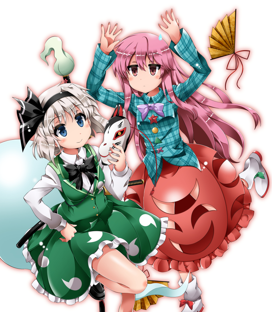 2girls black_bow black_footwear blue_eyes boots bow breasts bubble_skirt commentary_request expressionless eyebrows_visible_through_hair fan folding_fan foot_out_of_frame fox_mask green_skirt green_vest hair_between_eyes hair_ribbon hand_on_hip hata_no_kokoro holding holding_mask konpaku_youmu konpaku_youmu_(ghost) leg_up loafers long_hair long_sleeves looking_at_another looking_at_viewer mask multiple_girls neck_ribbon pink_eyes pink_hair pink_skirt plaid plaid_shirt purple_bow ribbon shirt shoes short_hair sidelocks silver_hair simple_background skirt small_breasts smile star sweatdrop sword touhou train_90 untucked_shirt very_long_hair vest weapon white_background white_footwear white_legwear white_shirt