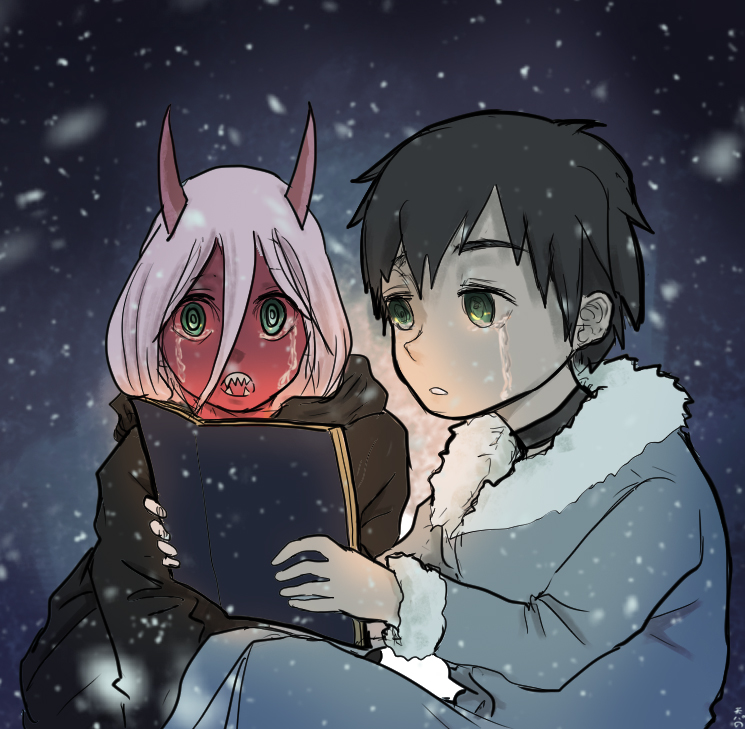 1197103902 1boy 1girl black_hair book coat couple crying crying_with_eyes_open darling_in_the_franxx fur_trim grey_coat hiro_(darling_in_the_franxx) holding holding_book horns long_hair oni_horns parka pink_hair red_sclera red_skin short_hair spoilers tears winter_clothes winter_coat zero_two_(darling_in_the_franxx)