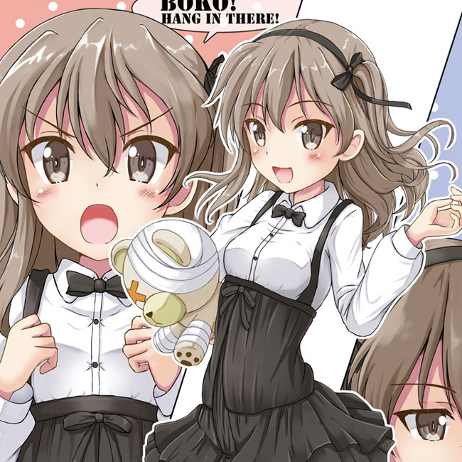 1girl :d bandage bangs black_neckwear black_ribbon black_skirt boko_(girls_und_panzer) bow bowtie brown_eyes casual clenched_hands collared_shirt commentary english flipper frown girls_und_panzer hair_ribbon high-waist_skirt holding holding_stuffed_animal layered_skirt light_brown_hair long_hair long_sleeves looking_at_viewer multiple_views open_mouth ribbon shimada_arisu shirt side_ponytail skirt smile solo standing stuffed_animal stuffed_toy suspender_skirt suspenders teddy_bear v-shaped_eyebrows white_shirt