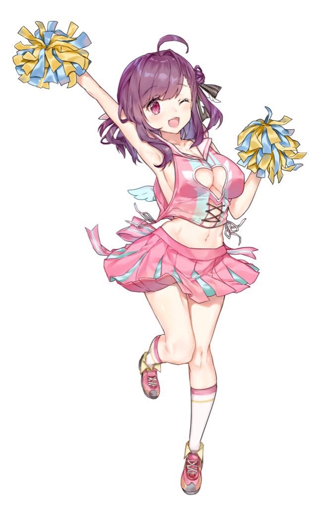 1girl ;d ahoge arm_up armpits badminton_girls breasts cheerleader cleavage_cutout full_body hair_bun kneehighs large_breasts long_hair midriff nanakagura nanakita_wakana navel official_art one_eye_closed open_mouth pink_footwear pom_pom_(clothes) purple_hair shoes simple_background smile sneakers solo violet_eyes white_background white_legwear
