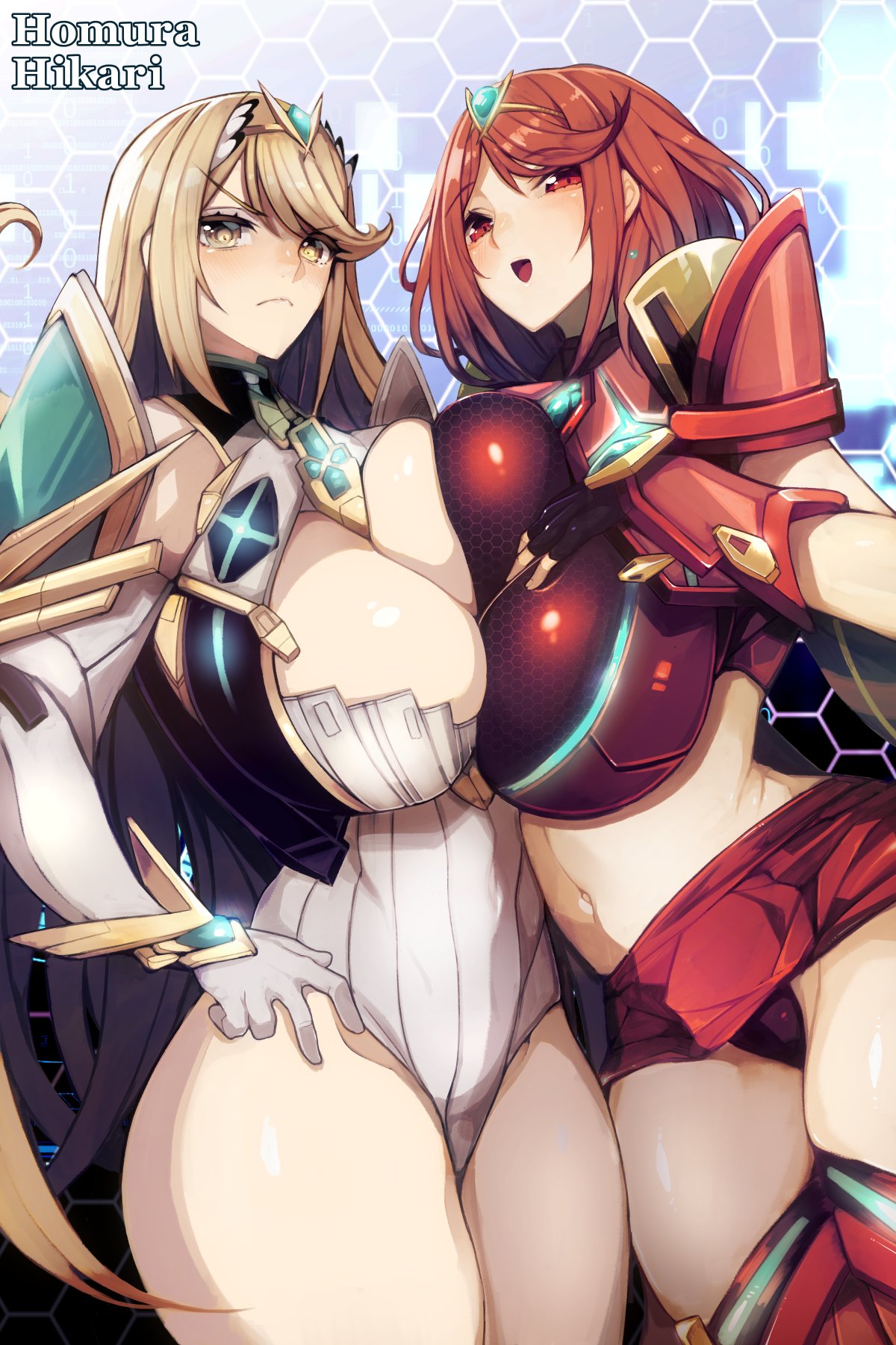 2girls bangs blonde_hair breast_press breasts center_opening character_name cleavage eyebrows_visible_through_hair fingerless_gloves gloves hair_ornament hand_on_own_chest highres mythra_(xenoblade) pyra_(xenoblade) kamaboko_(ossann0125) large_breasts leotard looking_at_viewer midriff multiple_girls navel open_mouth panties pantyshot red_eyes redhead smile swept_bangs symmetrical_docking underwear vambraces xenoblade_(series) xenoblade_2 yellow_eyes