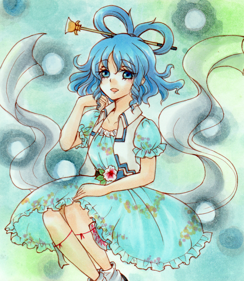 1girl bangs bare_arms blue_dress blue_eyes blue_hair collarbone danmaku dress drill_hair eyebrows eyebrows_visible_through_hair eyelashes flower frilled_dress frills hair_between_eyes hair_ornament hair_rings hair_stick hand_up io_(maryann_blue) kaku_seiga leaf marker_(medium) millipen_(medium) ofuda open_clothes open_mouth open_vest puffy_short_sleeves puffy_sleeves shawl short_hair short_sleeves smile socks solo spell_card touhou traditional_media vest watercolor_(medium) white_legwear white_vest