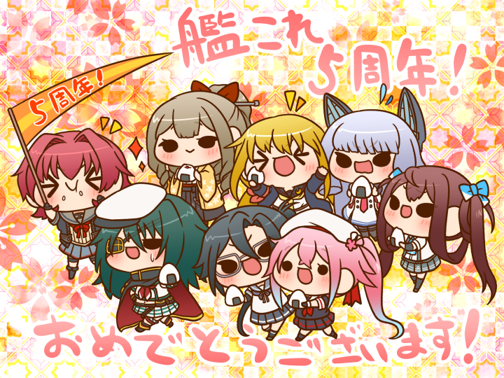 &gt;_&lt; 6+girls :d amagiri_(kantai_collection) armband asagumo_(kantai_collection) ascot bangs beret bike_shorts black_gloves black_jacket black_legwear black_serafuku blonde_hair blue_hair blue_jacket blunt_bangs brown_hair cape chibi dress drill_hair eating eyebrows_visible_through_hair eyepatch flag flat_cap flower food furisode gloves gradient_hair green_hair grey_hair grey_sailor_collar grey_skirt hair_between_eyes hair_flower hair_ornament hair_ribbon hakama_skirt harusame_(kantai_collection) hat hatakaze_(kantai_collection) holding holding_flag holding_food jacket japanese_clothes kantai_collection kimono kinu_(kantai_collection) kiso_(kantai_collection) long_hair meiji_schoolgirl_uniform multicolored_hair multiple_girls murakumo_(kantai_collection) neck_ribbon neckerchief necktie onigiri open_mouth partly_fingerless_gloves pink_hair pleated_skirt ponytail red_neckwear red_ribbon redhead remodel_(kantai_collection) ribbon sailor_collar sailor_dress satsuki_(kantai_collection) school_uniform serafuku shirt short_eyebrows short_hair shorts_under_skirt side_ponytail silver_hair skirt smile suspenders twintails white_hat white_shirt yellow_neckwear yumaru_(marumarumaru)