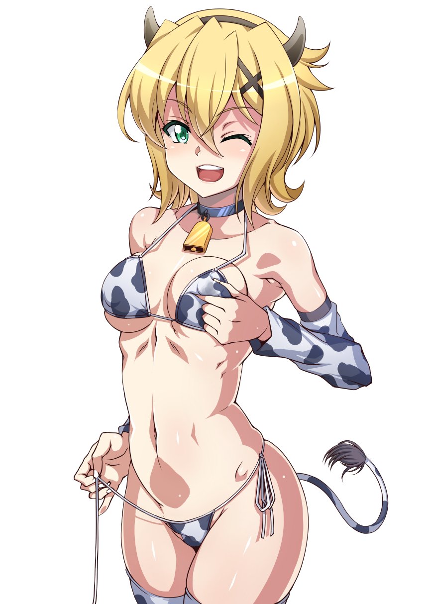 1girl akatsuki_kirika animal_print bare_shoulders bell bikini blonde_hair blush breast_squeeze breasts collar covered_nipples cow_bell cow_horns cow_print cow_tail cowboy_shot green_eyes hair_between_eyes hair_ornament highres horns legs_together looking_at_viewer medium_breasts navel one_eye_closed open_mouth print_bikini senki_zesshou_symphogear shiny shiny_hair shiny_skin short_hair shunzou simple_background skindentation solo standing swimsuit tail teeth thigh-highs undressing untied untied_bikini white_background x_hair_ornament