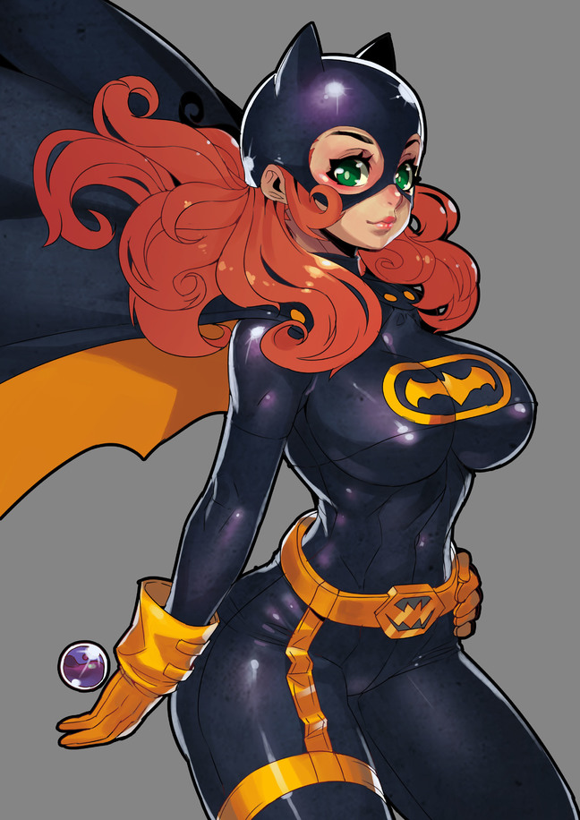 1girl barbara_gordon batgirl batman_(series) belt blush bodysuit breasts cape dc_comics fengmo gloves green_eyes hand_on_hip large_breasts lips lipstick makeup mask orange_hair simple_background smile solo superhero