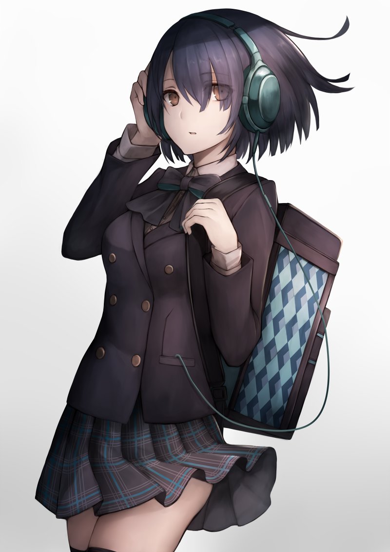 1girl backpack bag black_legwear bow bowtie brown_eyes brown_jacket brown_neckwear collared_shirt commentary_request cowboy_shot dutch_angle eyebrows_visible_through_hair eyes_visible_through_hair floating_hair gradient gradient_background grey_background hand_up headphones inaba_sunimi jacket long_sleeves looking_at_viewer original parted_lips pleated_skirt purple_hair shirt skirt solo standing thigh-highs violet_eyes white_shirt wind wind_lift wing_collar