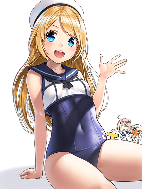 3girls :d anger_vein black_swimsuit blonde_hair blue_eyes blue_sailor_collar commentary_request cosplay hat head_bump i-58_(kantai_collection) jervis_(kantai_collection) kantai_collection kyon_(fuuran) long_hair multiple_girls open_mouth pink_hair ro-500_(kantai_collection) ro-500_(kantai_collection)_(cosplay) sailor_collar sailor_shirt school_swimsuit shirt short_hair short_sleeves sleeveless sleeveless_shirt smile swimsuit t-head_admiral white_hat