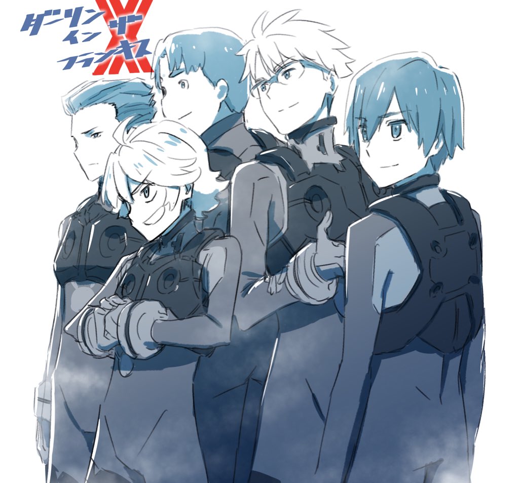 5boys darling_in_the_franxx eyebrows_visible_through_hair futoshi_(darling_in_the_franxx) glasses gloves gorou_(darling_in_the_franxx) hand_holding hiro_(darling_in_the_franxx) long_sleeves male_focus mitsuru_(darling_in_the_franxx) monochrome multiple_boys pilot_suit pink_x translated zorome_(darling_in_the_franxx)