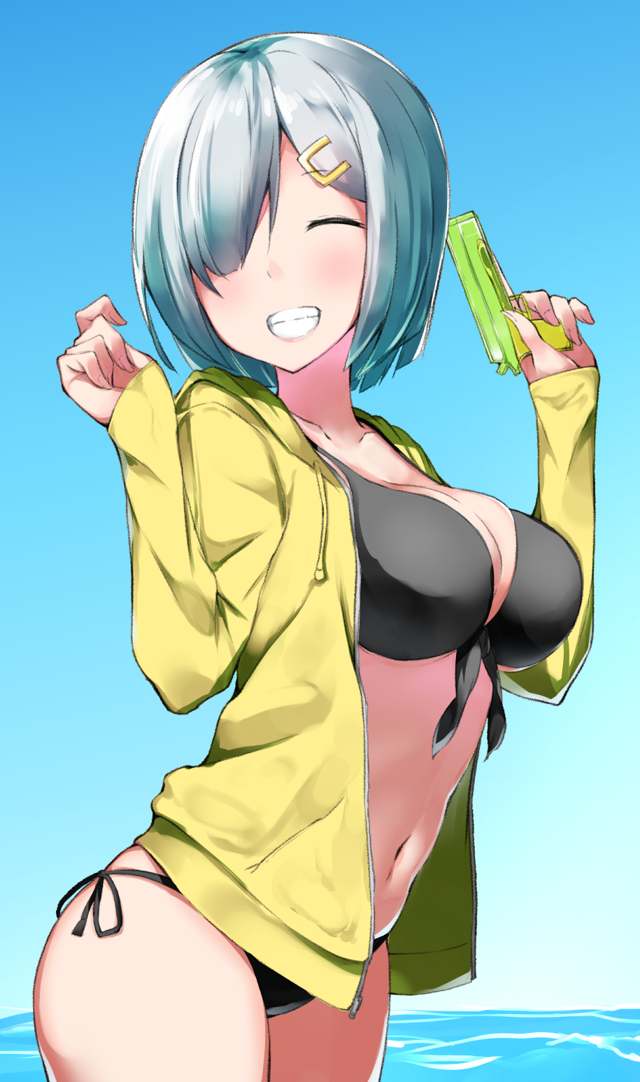 1girl :d ^_^ alternate_costume bikini black_bikini black_ribbon blue_sky blush breasts cleavage closed_eyes cowboy_shot day drawstring facing_viewer front-tie_bikini front-tie_top grin hair_ornament hair_over_one_eye hairclip hamakaze_(kantai_collection) hands_up highres holding jacket kantai_collection large_breasts navel okomeito open_clothes open_jacket open_mouth outdoors ribbon short_hair side-tie_bikini silver_hair sky sleeves_past_wrists smile solo standing stomach swimsuit teeth trigger_discipline unzipped wading water water_gun yellow_jacket