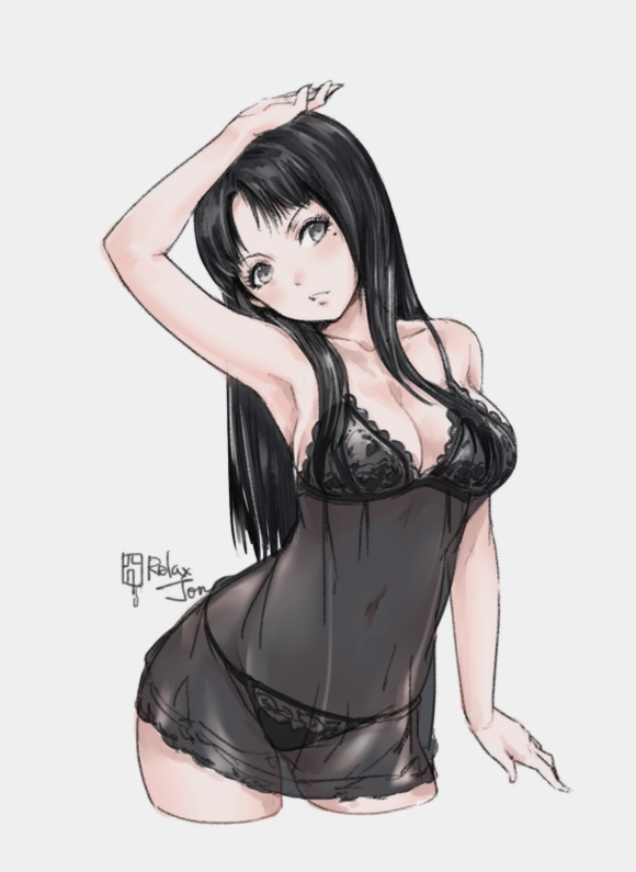 1girl arm_at_side arm_up armpits artist_name babydoll bangs black_hair black_panties blush breasts cleavage collarbone contrapposto cropped_legs green_eyes grey_background hand_on_own_head head_tilt lingerie long_hair looking_at_viewer medium_breasts mole mole_under_eye navel negligee original panties parted_bangs parted_lips relaxjon see-through simple_background solo straight_hair underwear underwear_only
