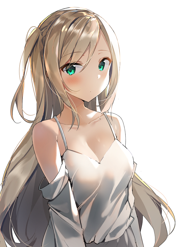 1girl bangs blonde_hair blue_eyes blush breasts cleavage closed_mouth collarbone eyebrows_visible_through_hair girls_frontline hair_between_eyes long_hair looking_at_viewer medium_breasts off_shoulder sabet_(young_ouo) shirt sidelocks simple_background singlet solo suomi_kp31_(girls_frontline) tied_hair white_singlet