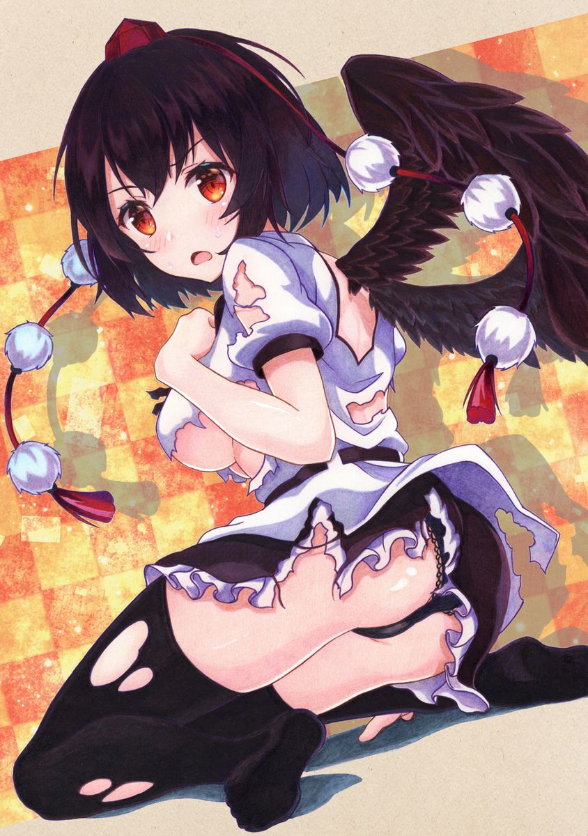 1girl ass bangs black_hair black_legwear black_panties black_wings blush breasts brown_eyes checkered checkered_background commentary_request feathered_wings from_side hat highres kittona looking_at_viewer medium_breasts no_shoes open_mouth panties pom_pom_(clothes) puffy_short_sleeves puffy_sleeves red_hat shameimaru_aya short_hair short_sleeves sitting skirt solo sweat thigh-highs tokin_hat torn_clothes torn_skirt torn_thighhighs touhou underwear wariza wings