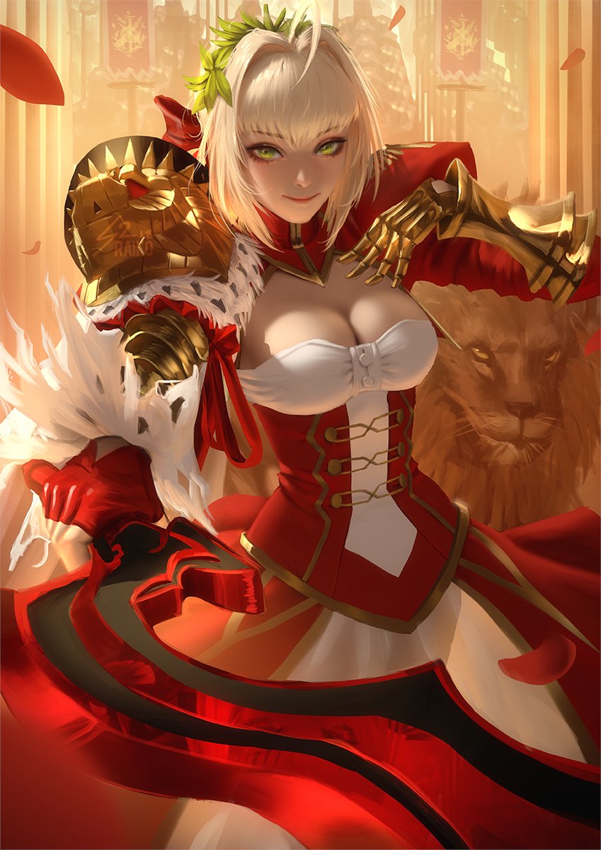 1girl ahoge animal armor blonde_hair blush breasts cleavage dress fate/extra fate/extra_ccc fate_(series) fingerless_gloves gauntlets gloves green_eyes hair_ornament highres lion looking_at_viewer nero_claudius_(fate) nero_claudius_(fate)_(all) petals pointing raikoart red_dress red_gloves smile sword weapon