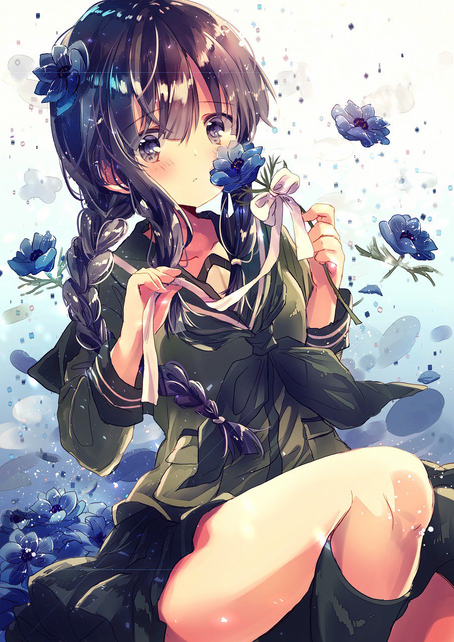 1girl bangs black_hair blunt_bangs braid eyebrows_visible_through_hair flower flower_to_mouth green_serafuku green_skirt hair_braid highres holding holding_flower kantai_collection kitakami_(kantai_collection) kneehighs long_hair looking_at_viewer nanahamu neckerchief ribbon school_uniform serafuku sidelocks single_braid skirt solo violet_eyes