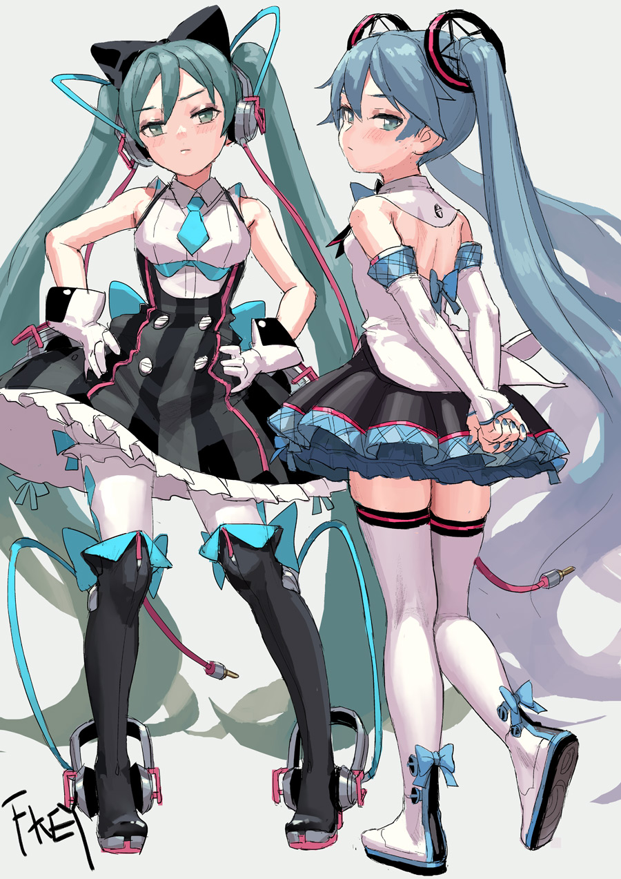 2girls aqua_eyes aqua_hair aqua_neckwear arms_behind_back artist_name bare_shoulders black_bow black_footwear black_skirt blue_bow blue_hair blue_nails boots bow breasts cable chinese_commentary commentary_request detached_sleeves dress dual_persona fkey from_behind full_body gloves grey_background hair_bow hands_on_hips hatsune_miku head_tilt headphones highres long_hair looking_back medium_breasts miniskirt multiple_girls nail_polish necktie petticoat pleated_skirt signature simple_background skindentation skirt sleeveless sleeveless_dress standing thigh-highs thigh_boots very_long_hair vocaloid white_footwear white_gloves white_legwear wing_collar zettai_ryouiki