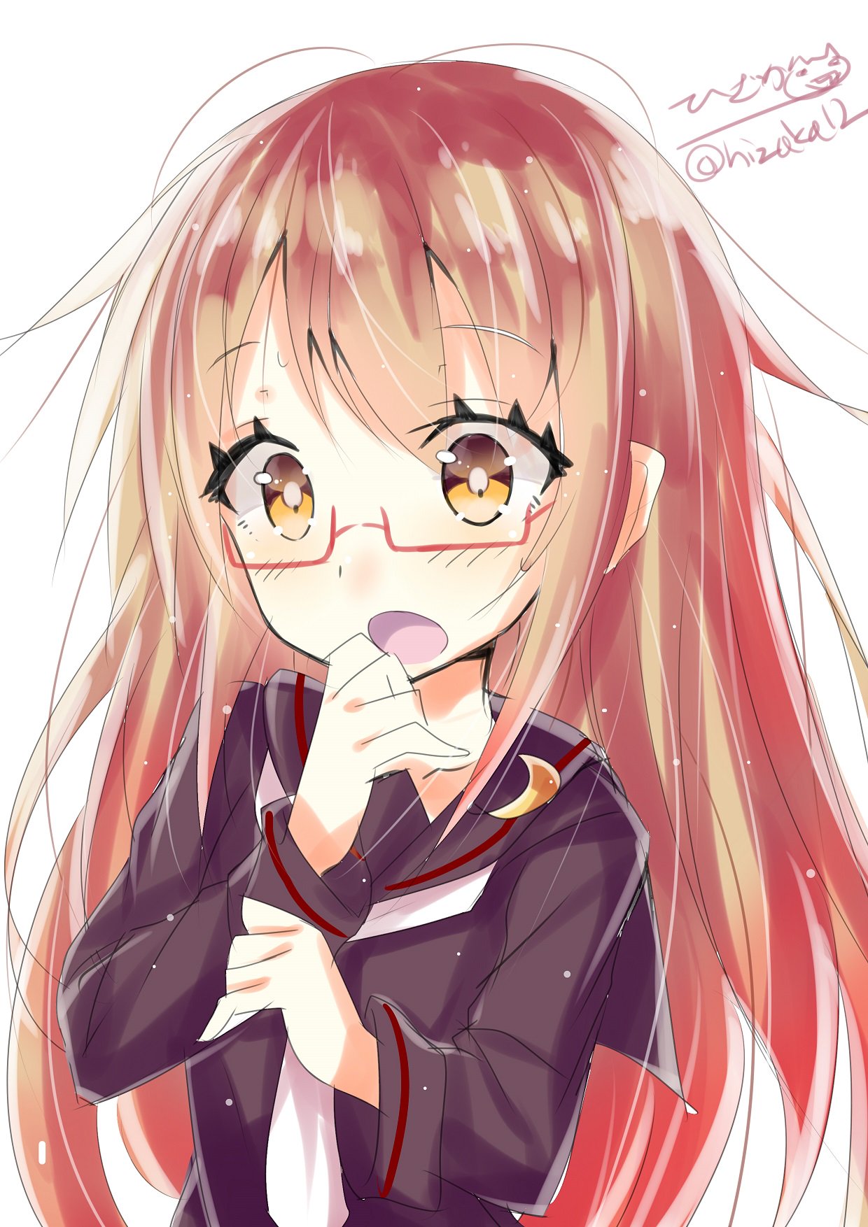 1girl blush brown_hair eyebrows_visible_through_hair glasses hair_between_eyes highres hizaka kantai_collection long_hair looking_at_viewer mochizuki_(kantai_collection) moon open_mouth red_glasses school_uniform serafuku simple_background solo white_background yellow_eyes