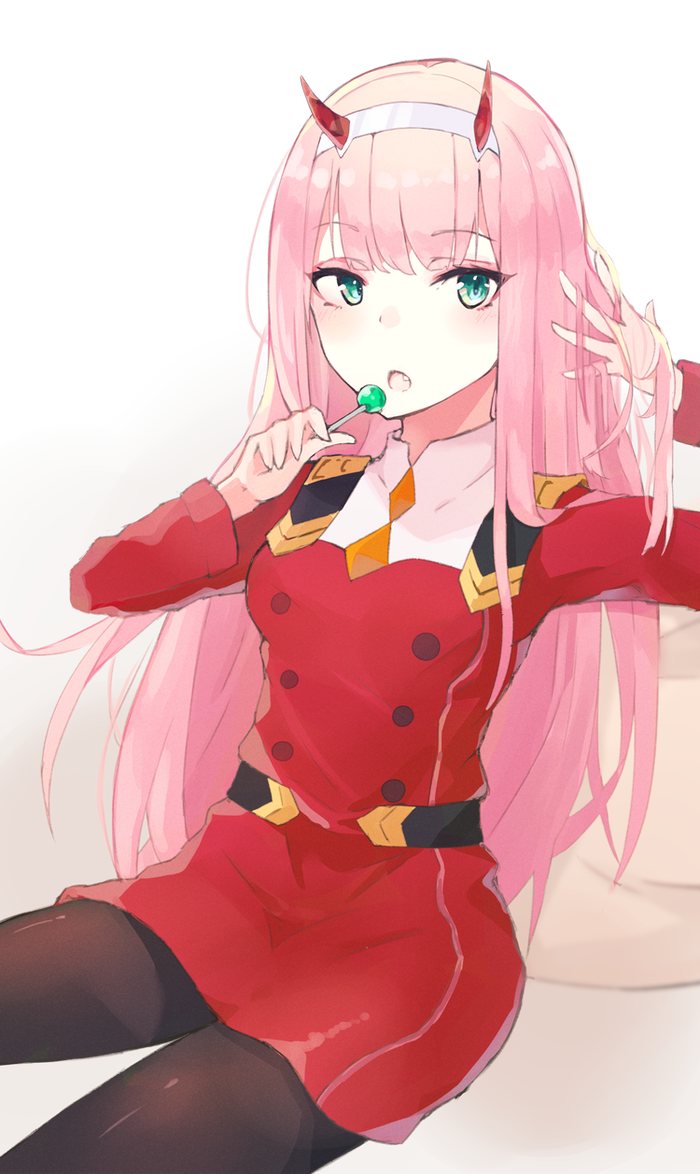 1girl adjusting_hair arm_up bangs black_legwear blunt_bangs blush breasts candy cowboy_shot darling_in_the_franxx double-breasted dress eyebrows_visible_through_hair eyeshadow fang food green_eyes hairband hand_up hime_cut horns hyakunin_momoko long_hair looking_to_the_side makeup medium_breasts necktie oni_horns open_mouth orange_neckwear pink_hair raised_eyebrows simple_background sitting solo straight_hair tareme thighs very_long_hair white_background white_hairband zero_two_(darling_in_the_franxx)