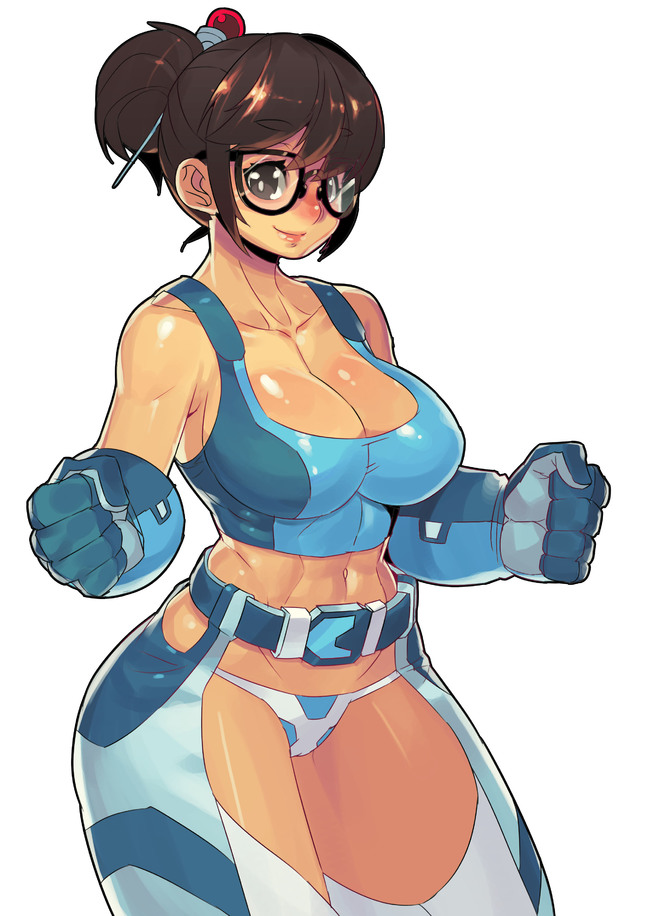 1girl bangs blue_gloves breasts brown_hair eyebrows_visible_through_hair fengmo glasses gloves hair_bun hair_ornament hair_stick large_breasts mei_(overwatch) navel overwatch panties simple_background smile solo tied_hair underwear white_background