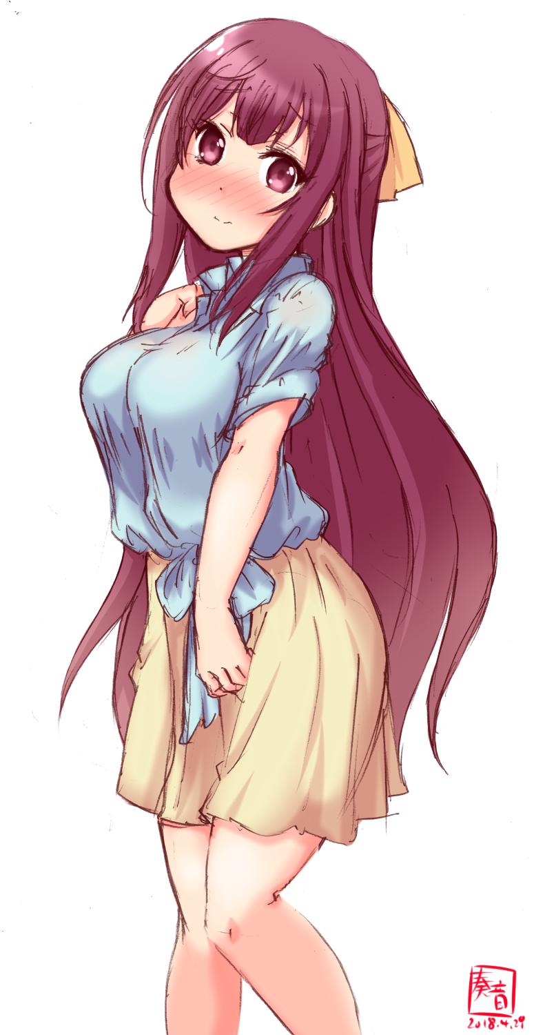 1girl alternate_costume artist_logo blouse blue_blouse blush bow brown_skirt casual commentary_request cowboy_shot dated hair_bow highres kamikaze_(kantai_collection) kanon_(kurogane_knights) kantai_collection long_hair looking_at_viewer nose_blush purple_hair short_sleeves simple_background skirt solo violet_eyes white_background yellow_bow