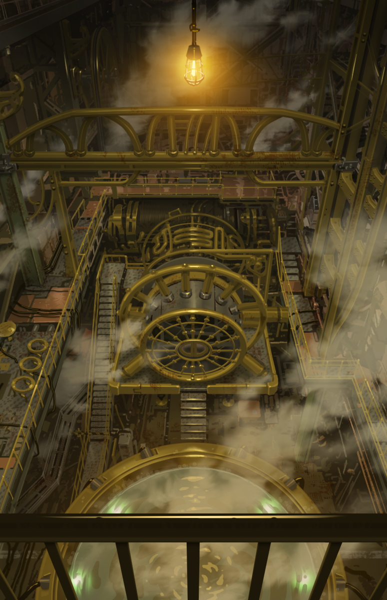 akasa_tanaha_(user_uhrn4435) commentary_request engine highres interior lamp no_humans original railing scenery smoke stairs steampunk