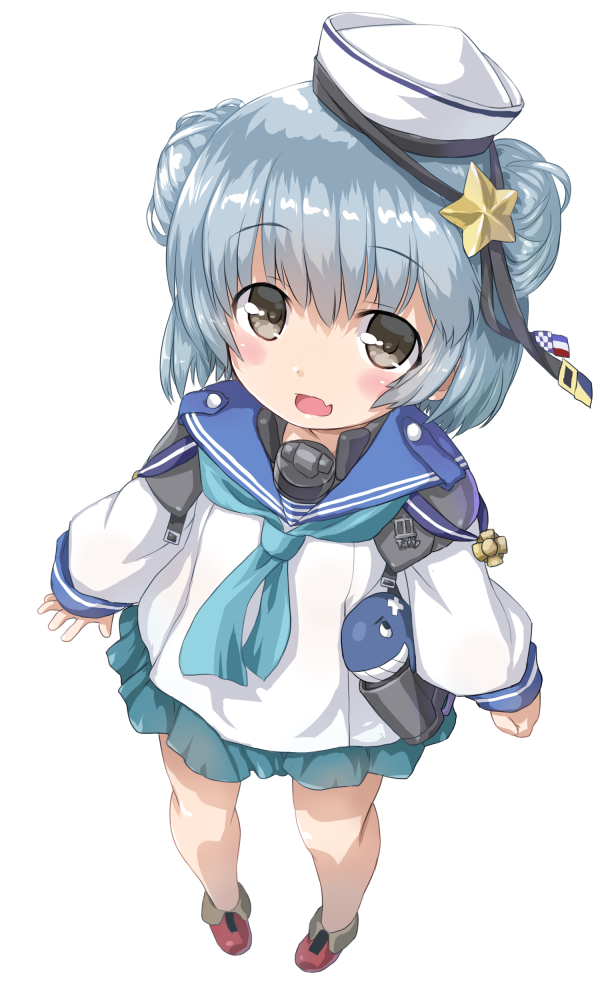 1girl :d bangs blue_hair blue_neckwear blue_sailor_collar blue_skirt blush brown_eyes commentary_request dd_(ijigendd) dixie_cup_hat double_bun eyebrows_visible_through_hair fang full_body hair_between_eyes hair_ornament hat kantai_collection long_hair long_sleeves looking_at_viewer medal military_hat open_mouth red_footwear sailor_collar samuel_b._roberts_(kantai_collection) school_uniform serafuku shirt shoes side_bun sidelocks simple_background skirt smile solo standing star star_hair_ornament whale white_background white_hat white_shirt
