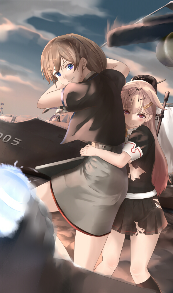 2girls black_legwear black_skirt blonde_hair blue_eyes blush brown_hair butter_curry eyebrows_visible_through_hair intrepid_(kantai_collection) kantai_collection kneehighs long_hair looking_at_another looking_at_viewer multiple_girls outdoors parted_lips puffy_short_sleeves puffy_sleeves red_eyes short_hair short_sleeves skirt teeth torn_clothes torn_skirt yuudachi_(kantai_collection)