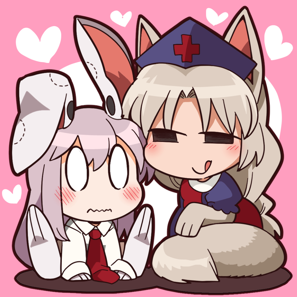2girls animal_ears blush bon_(rump) closed_mouth fox_ears fox_tail looking_at_another multiple_girls necktie rabbit_ears red_cross red_neckwear reisen_udongein_inaba smile smug tail touhou wavy_mouth yagokoro_eirin