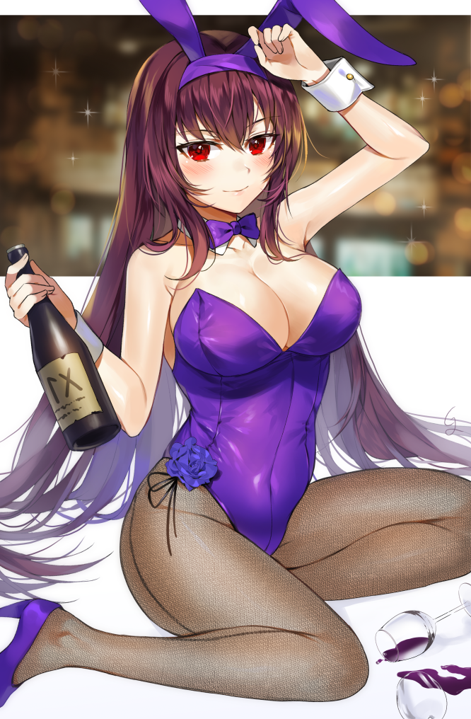 1girl animal_ears bangs bare_shoulders blush bottle bow bowtie breasts bunny_girl bunnysuit cleavage collarbone covered_navel cup detached_collar drinking_glass eyebrows_visible_through_hair fate/grand_order fate_(series) flower gijang hair_between_eyes high_heels hips large_breasts leotard long_hair looking_at_viewer pantyhose purple_hair purple_leotard rabbit_ears red_eyes scathach_(fate/grand_order) smile solo strapless strapless_leotard thighs wine_bottle wine_glass wrist_cuffs