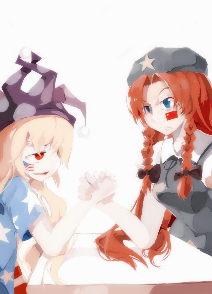 2girls american_flag american_flag_dress arm_wrestling bangs bare_arms black_bow blonde_hair blue_eyes bolos bow braid clownpiece commentary from_side frown green_hat hair_bow hat hong_meiling jester_cap long_hair multiple_girls parted_bangs people's_republic_of_china_flag polka_dot purple_hat red_eyes redhead short_sleeves simple_background smile star touhou twin_braids upper_body vest white_background