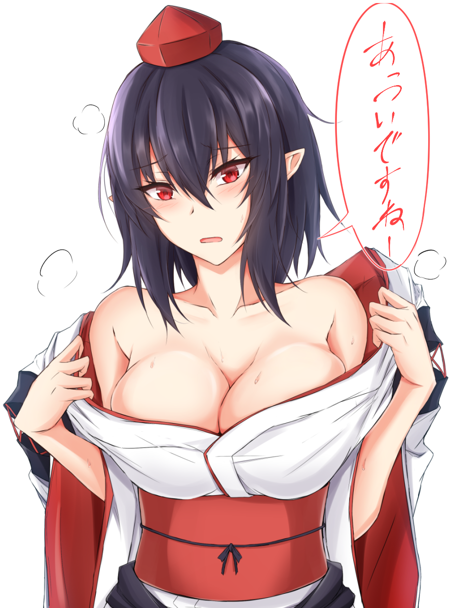 1girl alternate_costume bare_shoulders black_hair blush breasts cleavage collarbone commentary_request embarrassed eyebrows_visible_through_hair hair_between_eyes hat head_tilt highres japanese_clothes kimono kimono_pull kourindou_tengu_costume large_breasts long_sleeves off_shoulder parted_lips piro_(iiiiiiiiii) pointy_ears red_eyes red_sash sash shameimaru_aya short_hair simple_background solo standing sweat tokin_hat touhou translation_request upper_body white_background white_kimono wide_sleeves