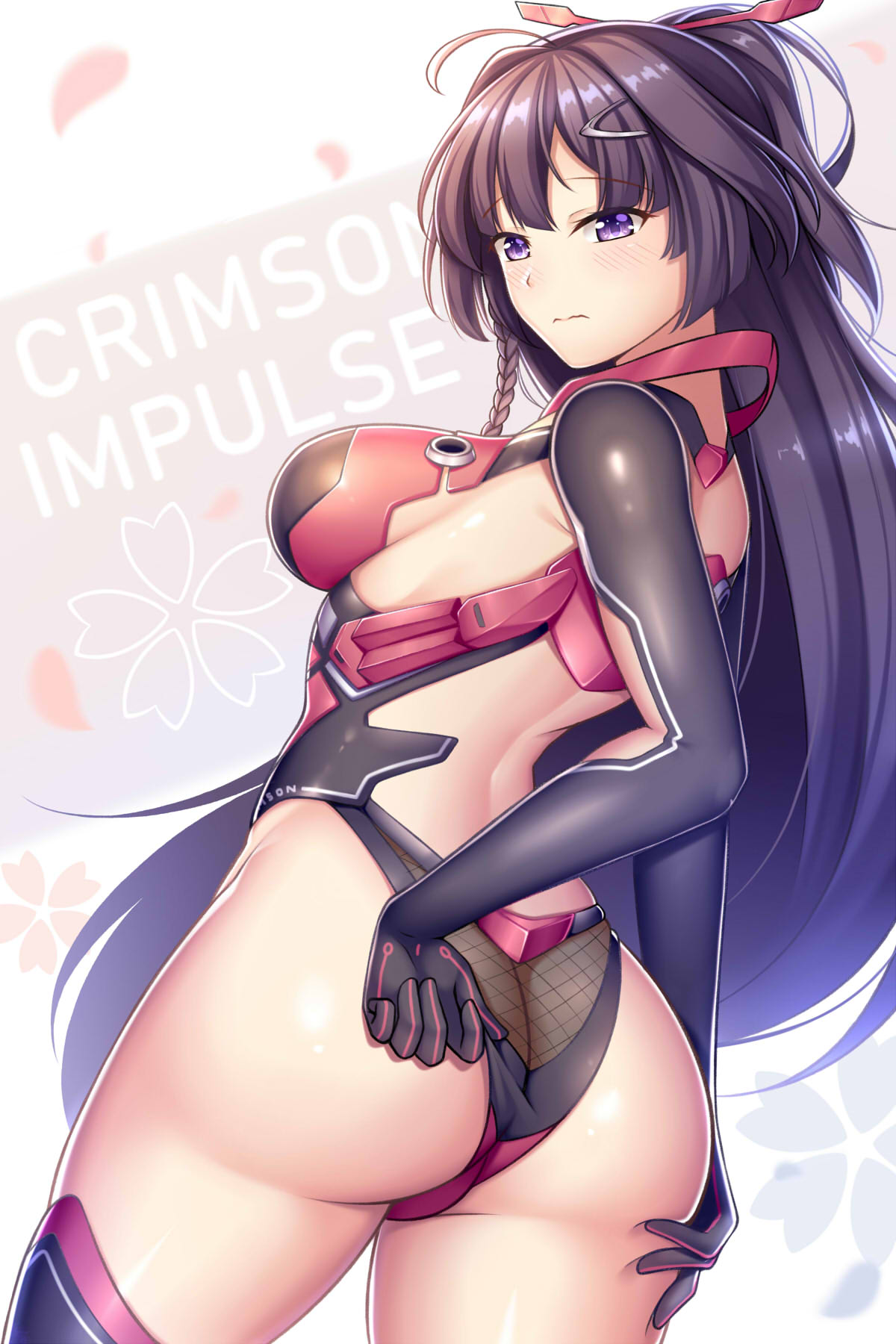 1girl adjusting_clothes arched_back ass bangs benghuai_xueyuan black_gloves black_legwear blush braid breasts closed_mouth cowboy_shot elbow_gloves eyebrows_visible_through_hair floral_background frown gloves guardian-panda highres long_hair looking_at_viewer medium_breasts petals ponytail purple_hair raiden_mei revealing_clothes shiny shiny_skin side_braid solo standing thigh-highs twisted_torso very_long_hair violet_eyes