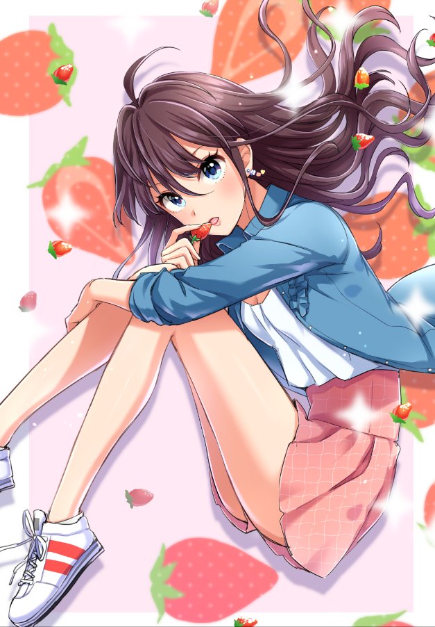 1girl ahoge bare_legs blue_eyes blush brown_hair earrings food food_print fruit high-waist_skirt holding holding_fruit ichinose_shiki idolmaster idolmaster_cinderella_girls jacket jewelry knees_up long_hair looking_at_viewer open_clothes open_jacket open_mouth shirt shoes skirt sneakers solo strawberry strawberry_print wavy_hair white_shirt zattape