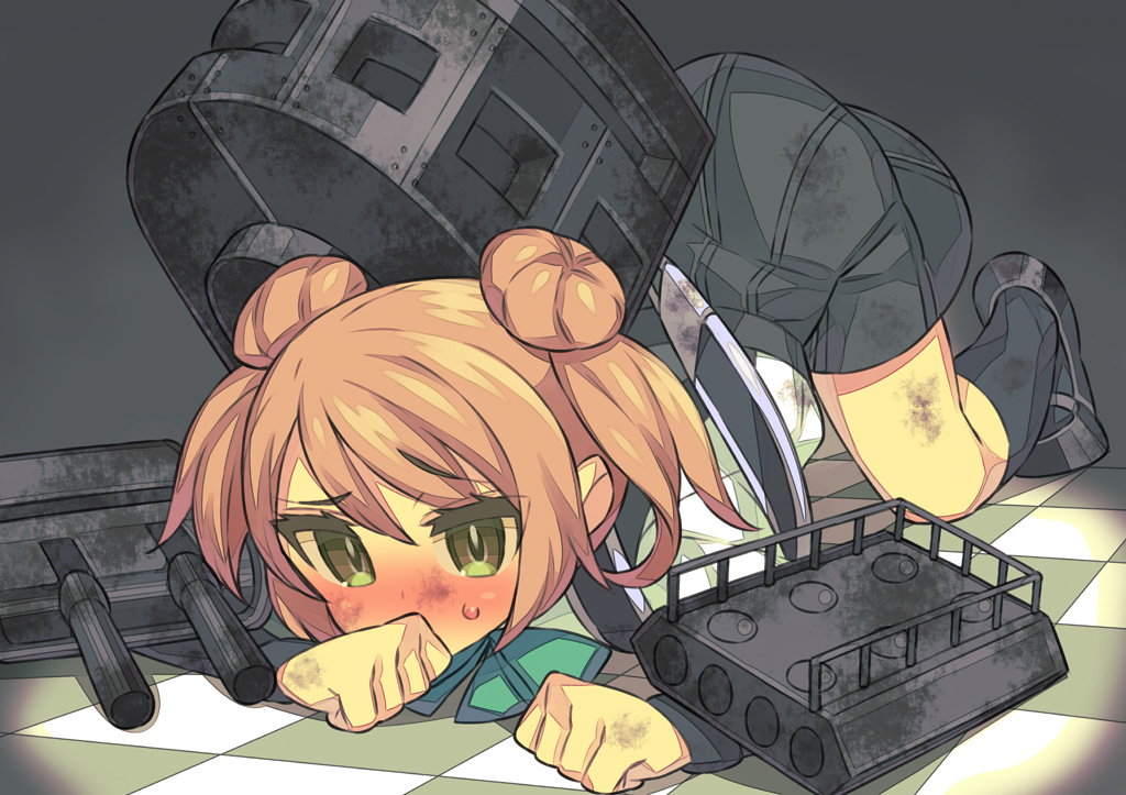 1girl all_fours aqua_bow aqua_neckwear bangs black_footwear black_legwear black_skirt blush bow bowtie checkered checkered_floor covered_mouth dirty double_bun eyelashes green_eyes hair_between_eyes itsumo_nokoru kantai_collection kneehighs light_brown_hair machinery mary_janes michishio_(kantai_collection) miniskirt nose_blush pleated_skirt shirt shoes short_hair short_twintails skirt solo suspenders sweatdrop top-down_bottom-up turret twintails white_shirt