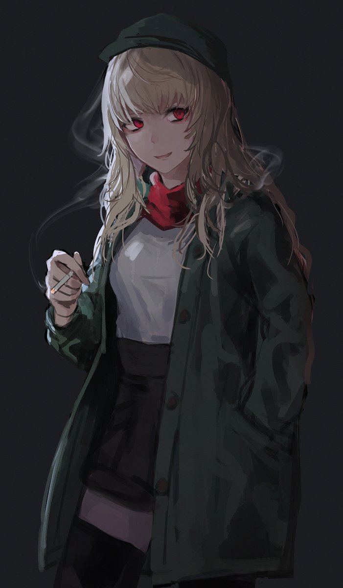 1girl black_skirt blonde_hair cigarette commentary_request green_jacket grey_background hand_in_pocket hand_up hat high-waist_skirt highres holding jacket long_hair long_sleeves looking_at_viewer original parted_lips red_eyes red_scarf scarf shiroi_suzume shirt skirt smile smoke solo thigh-highs white_shirt