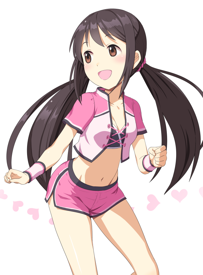 1girl :d blush breasts brown_eyes brown_hair cleavage collarbone crop_top floating_hair groin hair_ornament hair_scrunchie heart heart_print idolmaster idolmaster_cinderella_girls long_hair looking_away mashou_boy medium_breasts midriff nakano_yuka navel open_mouth pink_scrunchie pink_shorts scrunchie short_shorts shorts simple_background smile solo standing stomach twintails very_long_hair white_background wristband