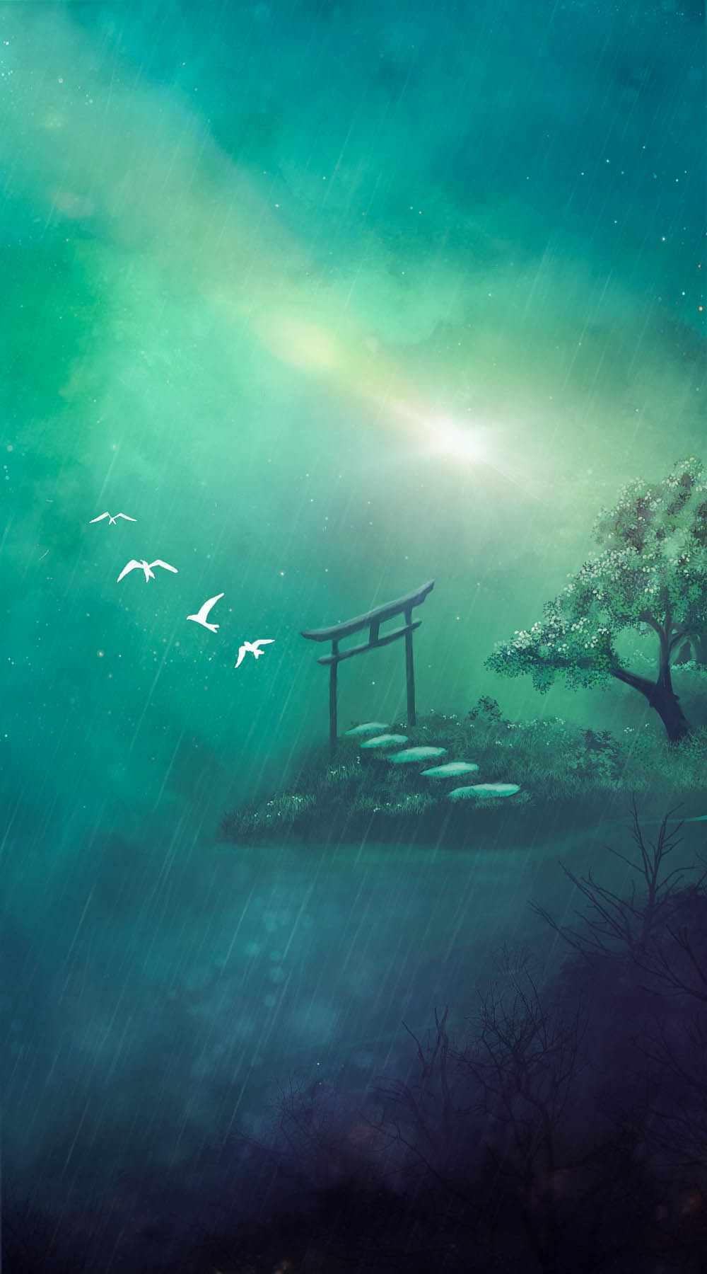 akyuun bare_tree bird clouds cloudy_sky commentary english_commentary glowing grass highres light_particles no_humans original river sky star_(sky) starry_sky stepping_stones symbolism torii tree