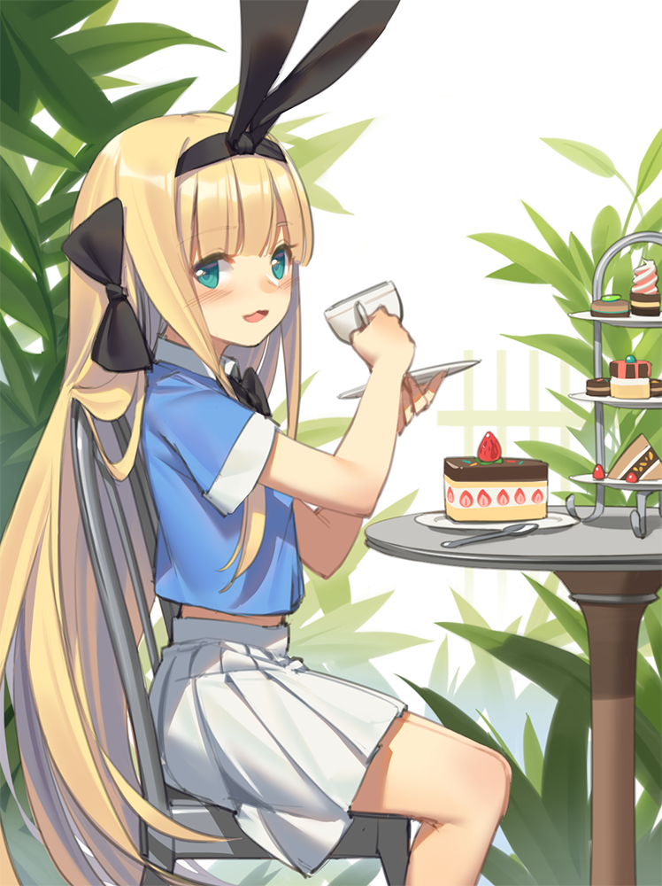 1girl :3 aqua_eyes bangs black_bow black_hairband blonde_hair blush bow cake chair commentary_request cup eyebrows_visible_through_hair feet_out_of_frame food from_side fruit hair_bow hairband holding holding_cup long_hair looking_at_viewer looking_to_the_side macaron midriff mononobe_alice nijisanji on_chair open_mouth plant plate pleated_skirt shirt short_sleeves sitting skirt slice_of_cake smile solo spoon strawberry strawberry_shortcake table very_long_hair virtual_youtuber white_skirt yura_(botyurara)