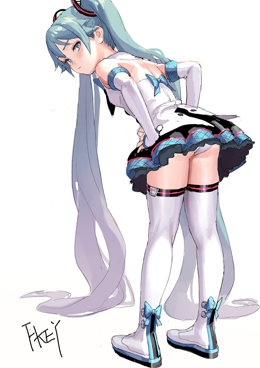 1girl absurdly_long_hair aqua_hair artist_name ass bare_shoulders blue_bow blue_eyes blush boots bow breasts chinese_commentary commentary_request detached_sleeves dress fkey from_behind full_body gradient_hair hands_on_hips hatsune_miku highres leaning_forward long_hair looking_back medium_breasts multicolored_hair panties pantyshot pantyshot_(standing) signature silver_hair simple_background solo standing thigh-highs thigh_boots thighs twintails underwear very_long_hair vocaloid white_background white_dress white_footwear white_legwear