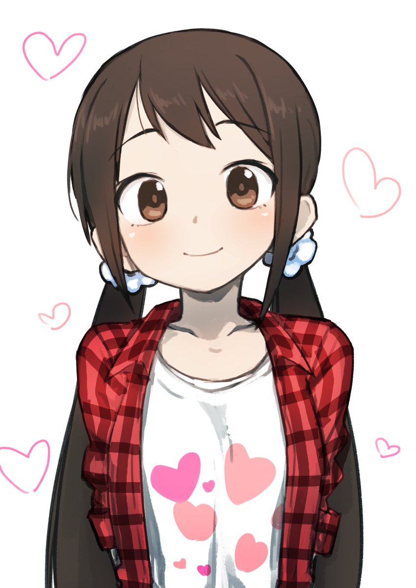 1girl arms_behind_back black_hair blush brown_eyes collarbone commentary eyebrows_visible_through_hair gazacy_(dai) hair_ornament hair_scrunchie heart heart_print highres idolmaster idolmaster_cinderella_girls long_hair looking_at_viewer low_twintails nakano_yuka open_clothes open_shirt plaid plaid_shirt scrunchie shirt simple_background smile solo twintails upper_body