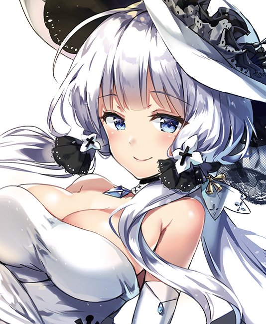 1girl ahoge armlet azur_lane bangs bare_shoulders blue_eyes blunt_bangs blush breasts choker cleavage dress elbow_gloves eyebrows_visible_through_hair gloves hair_ornament hair_ribbon hat illustrious_(azur_lane) jewelry lace-trimmed_hat large_breasts long_hair looking_at_viewer low_twintails mole mole_under_eye non_(nobu) pendant ribbon sapphire_(stone) sidelocks simple_background smile solo strapless strapless_dress sun_hat tress_ribbon twintails upper_body white_background white_dress white_gloves white_hair