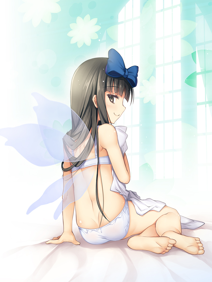 1girl arm_support ass back bare_arms bare_legs bare_shoulders barefoot bed_sheet black_eyes black_hair blue_bow bow bra chima_q closed_mouth fairy_wings feet from_behind full_body hair_bow highres indoors panties profile sitting smile soles solo star_sapphire touhou transparent_wings underwear underwear_only white_bra white_panties window wings yokozuwari