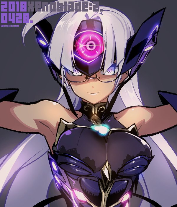 1girl blue_eyes breasts cyborg dark_skin fujimoto_hideaki glasses gloves large_breasts long_hair smile solo t-elos xenoblade xenoblade_(series) xenoblade_2 xenosaga xenosaga_episode_iii