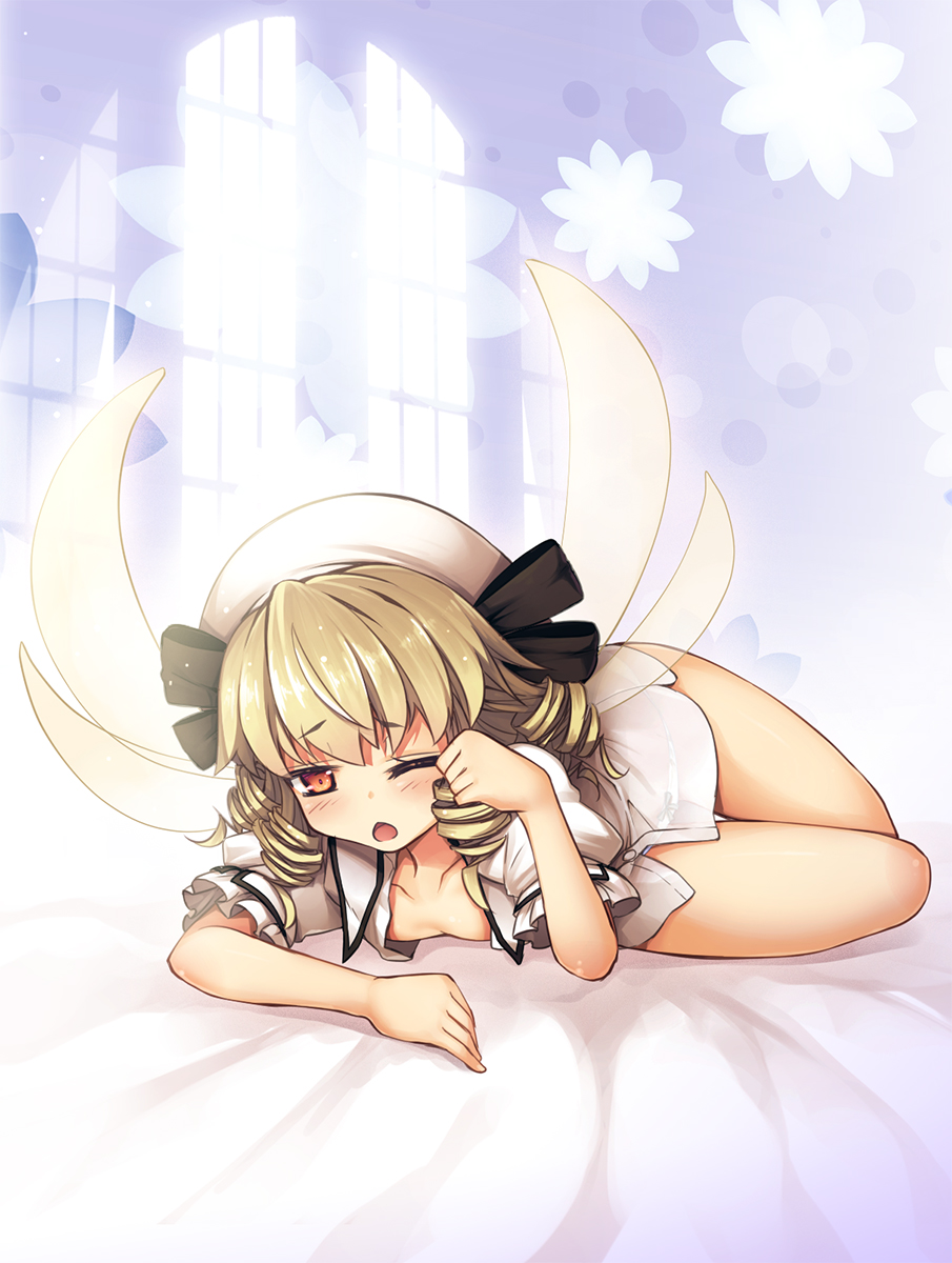 1girl ;o arm_support bangs bare_legs bed_sheet black_ribbon blonde_hair breasts chima_q drill_hair eyebrows_visible_through_hair fairy_wings full_body hat hat_ribbon highres indoors luna_child lying no_pants one_eye_closed open_clothes open_shirt red_eyes ribbon shirt short_sleeves small_breasts solo touhou white_hat white_shirt window wings