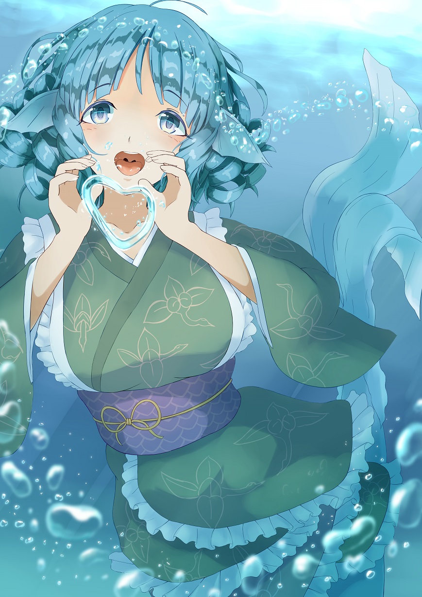 1girl air_bubble blue_eyes blue_hair breasts bubble commentary_request drill_hair fish_tail green_kimono head_fins heart highres japanese_clothes kagami_toufu kimono large_breasts mermaid monster_girl obi sash solo tail touhou underwater wakasagihime