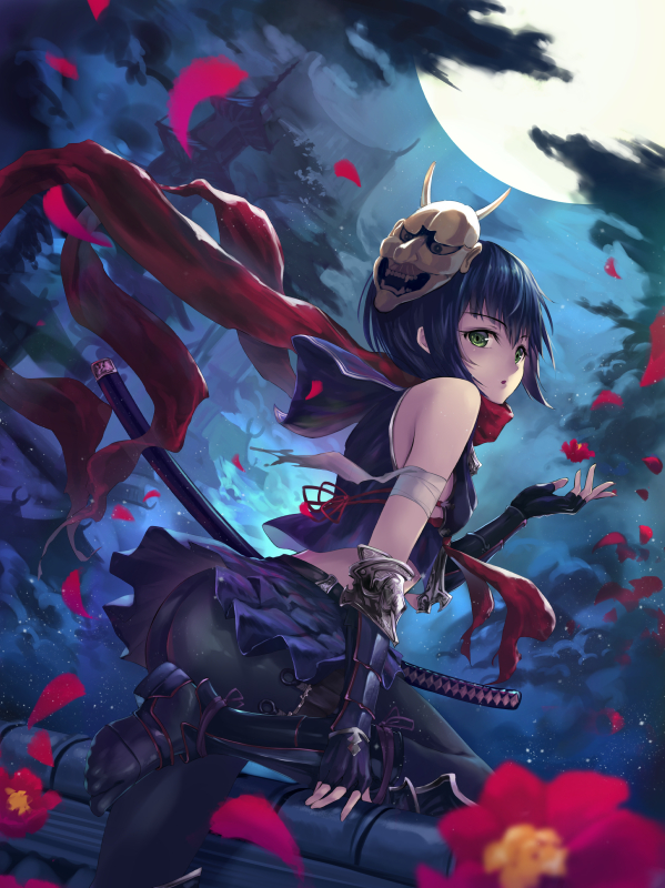 1girl :o arm_guards armor ass bare_shoulders black_gloves black_hair black_pants black_skirt blush character_request clouds elbow_pads fingerless_gloves flower from_side full_moon gloves green_eyes hand_up japanese_armor long_hair looking_to_the_side mask mask_on_head miniskirt moon night ninja noh_mask on_roof ouka_(ra-raradan) outdoors pagoda pants parted_lips petals pink_flower pleated_skirt red_scarf rooftop scarf shadowverse sheath sheathed shin_guards short_hair skirt sleeveless solo sword tight tight_pants weapon wind