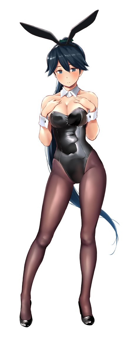 1girl bare_arms black_footwear black_leotard blue_eyes blue_hair blush breasts bunnysuit cleavage closed_mouth collarbone covered_navel detached_collar full_body hands_on_own_chest high_heels houshou_(kantai_collection) kantai_collection large_breasts leotard long_hair looking_at_viewer pantyhose playboy_bunny_leotard ponytail shiny shiny_clothes simple_background solo strapless strapless_leotard very_long_hair wa_(genryusui) white_background wrist_cuffs