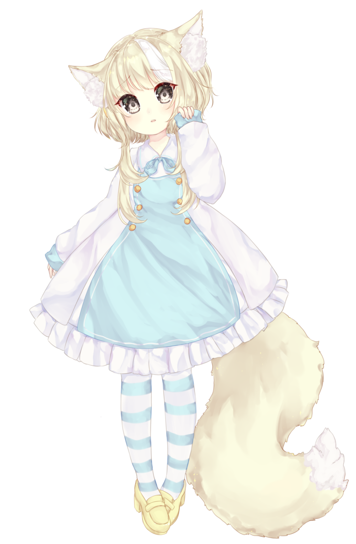 1girl alice_(purrsephonekitten) animal_ears blonde_hair commission dress fox_ears fox_girl fox_tail frilled_dress frills full_body light_brown_eyes long_sleeves multicolored_hair original short_hair_with_long_locks sleeves_past_wrists streaked_hair striped striped_legwear tail transparent_background two-tone_dress two-tone_hair white_dress white_hair yellow_footwear