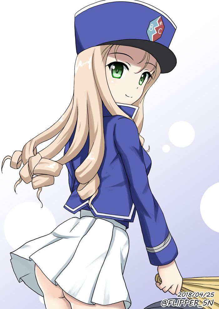 1girl bc_freedom_(emblem) bc_freedom_military_uniform blonde_hair blue_background blue_hat blue_jacket circle closed_mouth commentary cowboy_shot dated drill_hair emblem fan flipper folding_fan from_side girls_und_panzer gradient gradient_background green_eyes hat holding jacket long_hair long_sleeves looking_at_viewer looking_back marie_(girls_und_panzer) military military_hat military_uniform miniskirt no_panties pleated_skirt shako_cap skirt smile solo standing twitter_username uniform white_skirt